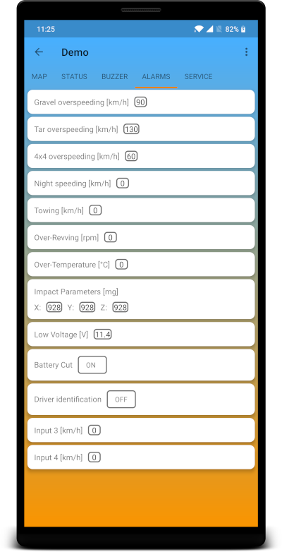 Mobile App | Alarm Settings Request and change the Alarm settings in the tracking unit